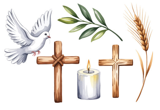 Peaceful Christian symbols collection in soft hand painted watercolor style.