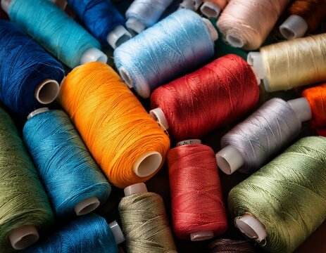 threads in a tailor textile fabric colorful cotton threads birds eye perspective
