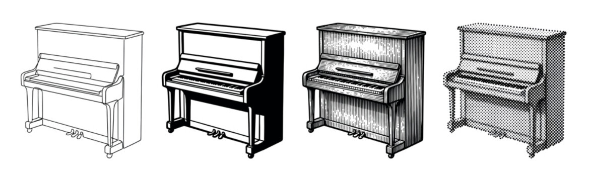 Set of four upright piano illustrations showing different graphic styles, from simple line art and silhouette to detailed engraving and halftone dot pattern for design elements