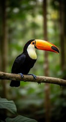 Vibrant Toucan Perched on Branch in Lush Rainforest Setting.