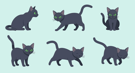 Fototapeta premium Collection of Six Cute Anthropomorphic Black Cats with Green Eyes in Various Poses Against a Light Blue Backdrop Presented as a Set of Charming Graphic Elements