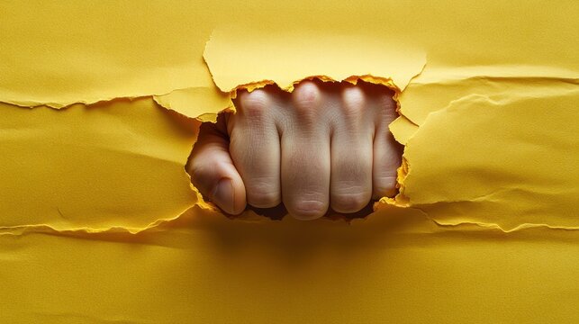 A fist emerges powerfully from bright yellow paper, symbolizing strength and resolve