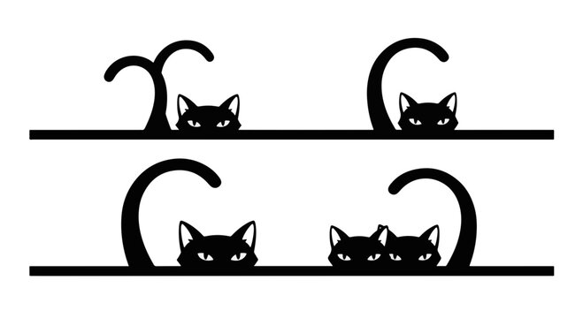 Four Playful Black Cat Faces with Bright White Glowing Eyes Peeking over a Dark Surface Tails Curving Upwards in a Whimsical Cartoon Style