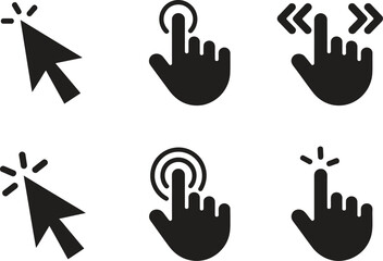 Obraz premium Computer Mouse Cursor and Touch Screen Gesture Icon Set. Click, Swipe, and Navigation Vector Illustration