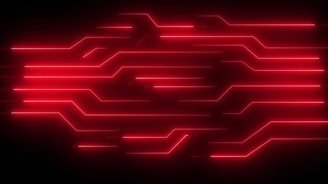 Red neon circuit board pattern on a black background, showcasing intense glowing traces for energetic technology, cyber security and digital hardware concepts.