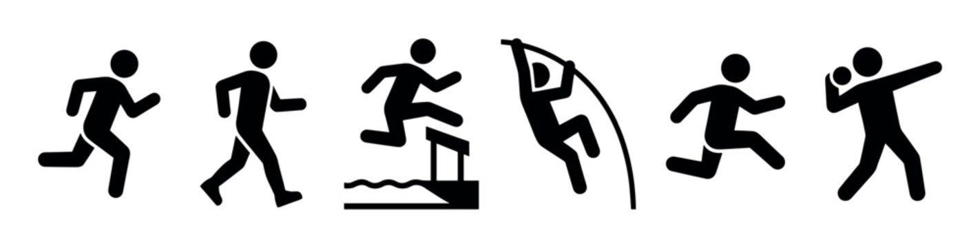 Collection of black vector sport icons depicting athletes in various track and field events like running, walking, steeplechase, pole vault, long jump, and shot put
