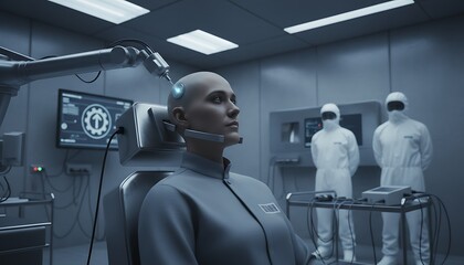 A citizen receiving a mandatory neural implant in a cold, sterile government facility, harsh fluorescent lighting, emotionless expression.