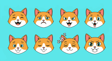 Obraz premium Eight Cartoon Cat Faces Displaying Various Emotions and States Including Joy Sadness Anger Surprise Happiness Sleepiness and Excitement Against a Vibrant Blue Background