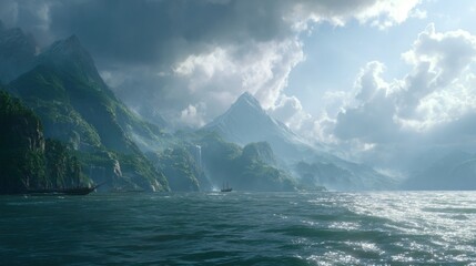 Dramatic landscape of misty mountains and ocean under a cloudy sky