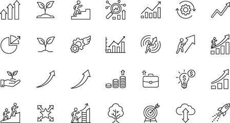 Business Growth and Success Icon Set Featuring Rising Arrows Financial Progress Career Development Innovation Strategy Data Analysis and Professional Achievement Symbols