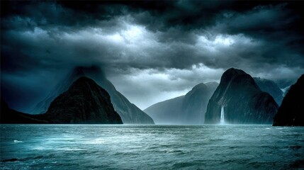 Dramatic seascape with dark clouds mountains and waterfall under stormy sky