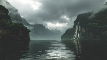 Dramatic landscape of mountains reflecting in calm water under cloudy sky