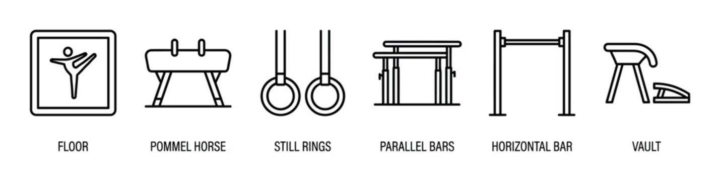 Set of six artistic gymnastics apparatus icons showing floor, pommel horse, still rings, parallel bars, horizontal bar, and vault in a clean black line art style for sports concepts