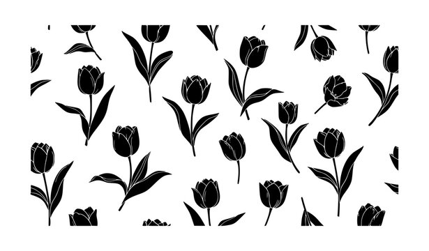 Retro Monochrome Tulip Silhouette Pattern &ndash; Classic Black Floral Background