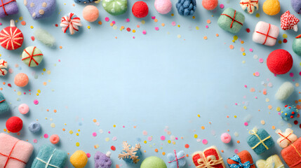 Colorful decorations and festive gifts arranged in a circle on a light blue background for celebration