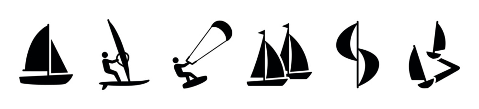Black silhouette icons set of different sailing and water sports activities like yachting, windsurfing, and kitesurfing presented as a collection of minimalist graphic symbols