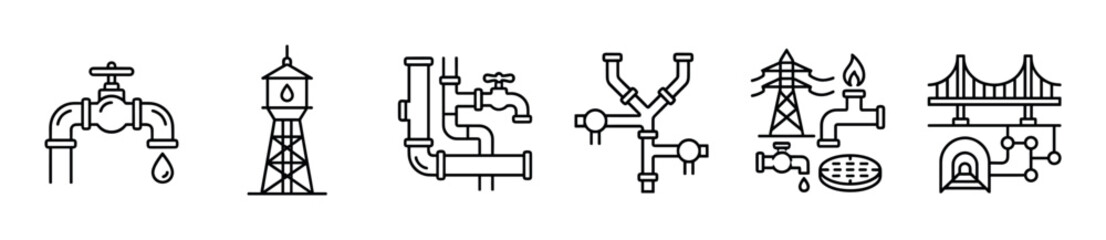 Plakat Collection of six minimalist line icons depicting municipal services and city infrastructure like plumbing, water towers, electricity, gas, and transportation
