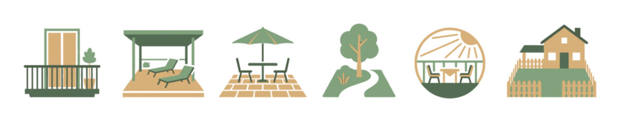 Fototapeta na wymiar Set of outdoor living flat icons representing backyard relaxation with a balcony, pergola, patio furniture, garden path, and a house with a yard