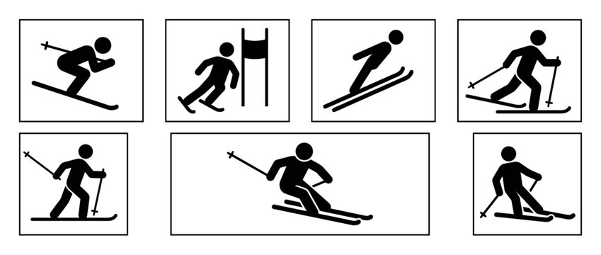 Set of black minimalist skiing icons showing various winter sport disciplines like downhill, slalom, ski jumping, and cross-country skiing in a simple graphic pictogram style