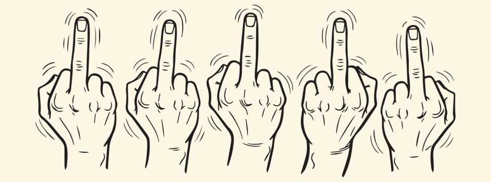 Five hands giving the finger gesture in unison