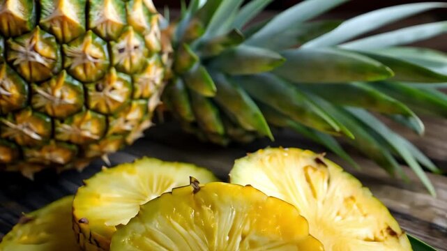 Freshly sliced pineapple segments displayed with a whole pineapple in the background