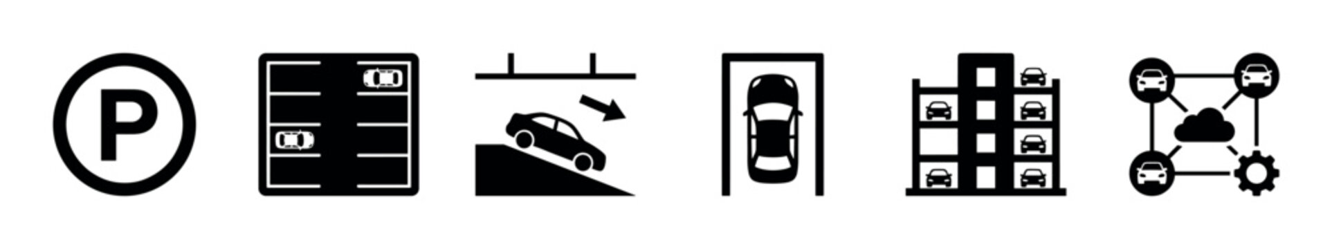 Black glyph icons for car parking services, including a multi-level garage, underground access ramp, parking lot map, and a smart cloud network system for vehicles