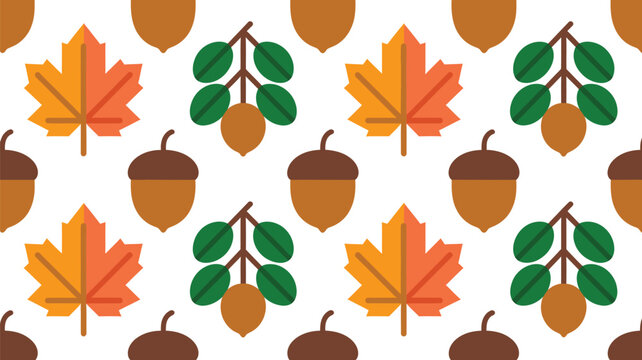 Seamless autumn pattern with brown acorns, green leaves with brown nuts, and orange maple leaves on a white background