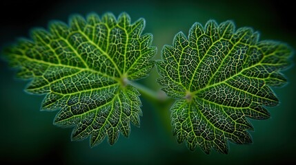 Close up of two vibrant green leaves with intricate vein patterns and textures