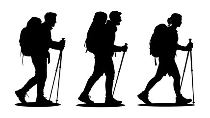 Hiking Silhouette: Hikers with Backpacks and Sticks Trekking Outdoors for Health and Adventure in the Mountains