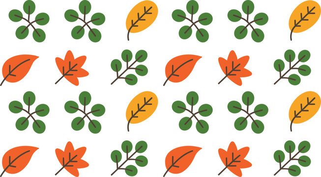 Seamless autumn leaves pattern with green, orange, and yellow foliage on a white background, repeating horizontally and vertically