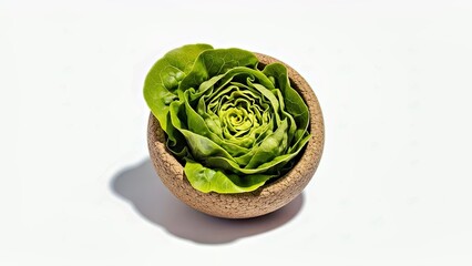 Fototapeta premium Romaine Lettuce in Corkbowl White Background Fresh Organic Leafy Green Salad Vegetable Flat Lay Stock Photo.jpg