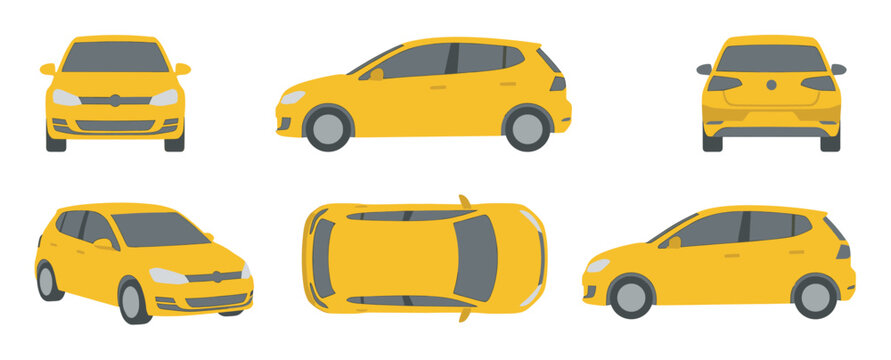 Yellow hatchback car illustration set from different angles including front, side, rear, top, and perspective views in a flat graphic style