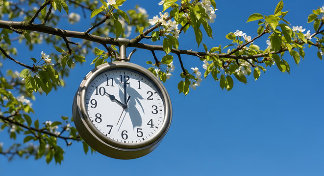 A clock hanging from a tree branch with blossoms against a clear blue sky viewed from below