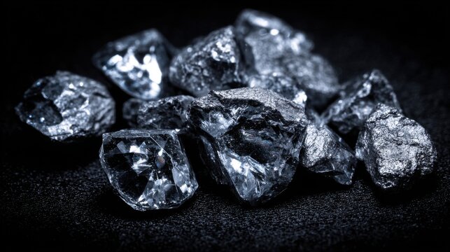 Pile of Unpolished Rough Diamonds Scattered Across a Dark, Textured Surface