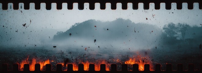 영화 필름 스트립 프레임 속에 담긴 거대한 산불의 모습으로 자욱한 연기와 붉게 타오르는 불꽃 그리고 공중에 흩날리는 뜨거운 불씨가 어우러진 극적이고 비극적인 재난 풍경의 시네마틱한 장면입니다.