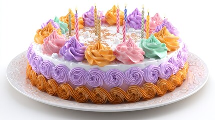 Colorful birthday cake with candles on white plate