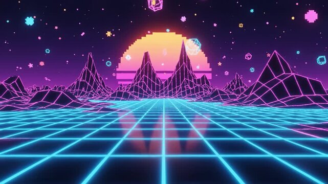 Retrofuturistic sunset over neon grid with wireframe mountains and pixel stars creating nostalgic synthwave mood neon grid landscape with retro sun and wireframe mountains vibrant purple and cyan