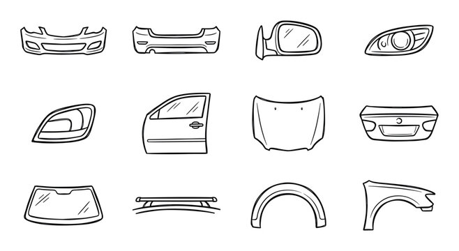 Collection of hand-drawn car body parts including a bumper, door, hood, and headlight in a simple black and white line art sketch style, an icon set for automotive service concepts