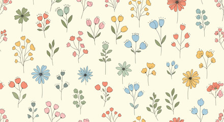 Fototapeta premium Artistic hand-painted botanical vector pattern with colorful watercolor blossoms