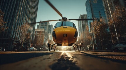 Yellow helicopter lands in urban environment between tall buildings