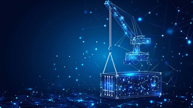 3d tower crane lifting a cargo container on a dark blue background, abstract machinery design