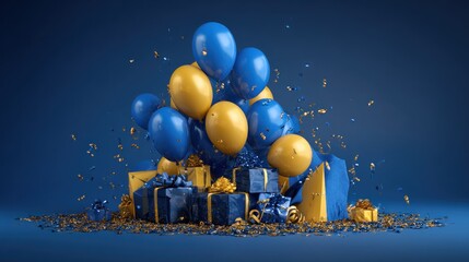 Balloons and gifts on blue background festive celebration decoration