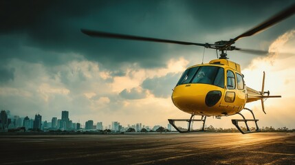Yellow helicopter taking off above city skyline during sunset or sunrise
