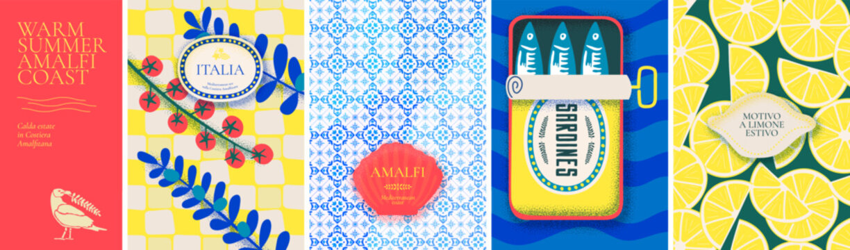 Amalfi summer pattern with yellow citrus lemons and blue mediterranean sea tiles. Vintage italian postage stamp illustration with sardine, tomato and nautical shell icons. Retro coastal travel posters