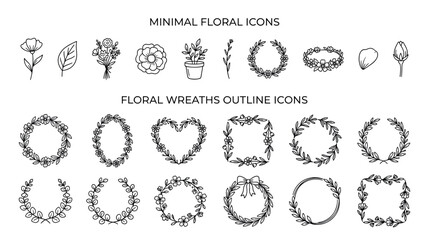 Fototapeta premium Collection of hand-drawn floral icons and wreaths in a minimalist black line art style, featuring flowers, leaves, bouquets, and decorative botanical frames for design