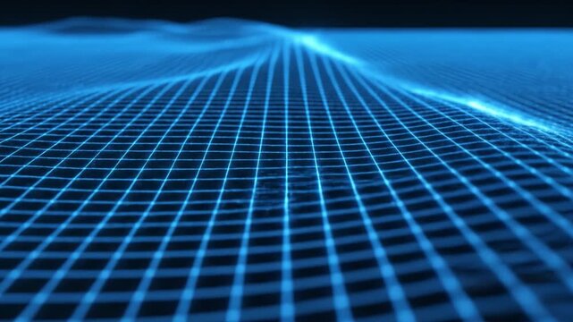 Blue glowing digital grid landscape with wave like elevation and point highlights receding into horizon, glowing blue mesh plane with neon abstract technology atmosphere and network wave motion