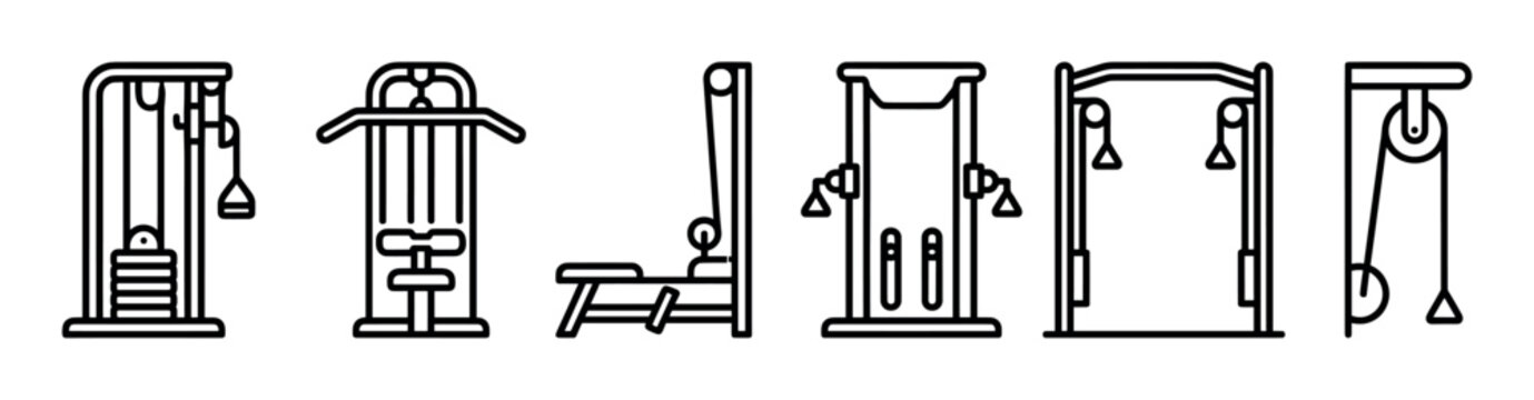 Set of six black outline icons illustrating various gym cable machines for strength training, including lat pulldown and crossover, in a minimal vector graphic style