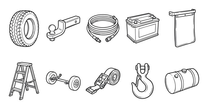 Set of truck and trailer parts illustrations including a tire, hitch, battery, axle, and hook in a black and white line art doodle style for automotive and transport concepts