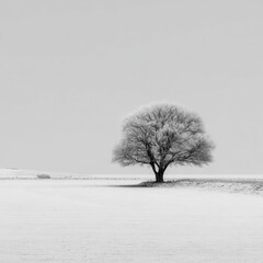 눈 덮인 광활한 평원 위에 홀로 서 있는 서리 맺힌 나무 한 그루의 모습이 담긴 미니멀하고 평화로운 분위기의 흑백 겨울 풍경 사진으로 고독과 정적의 미학을 보여줍니다.