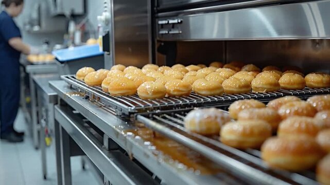 In a bustling bakery, a baker's freshly baked donuts, perfectly glazed with sugar, cool on wire racks, presenting an array of sweet pastry treats for awaiting customers
